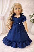 Load image into Gallery viewer, Regency Era Royal Blue Satin Gown for 18” Doll | Jane Austen Inspired Empire Waist Dress | Historical Doll Clothing Ready to Ship