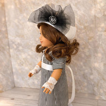 Load image into Gallery viewer, Custom Order 2 Weeks - Early 20th Century Tea Dress for 18 Dolls | Edwardian Inspired Black &amp; White Striped Cotton Gown | Lace Gloves Set
