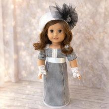 Load image into Gallery viewer, Custom Order 2 Weeks - Early 20th Century Tea Dress for 18 Dolls | Edwardian Inspired Black &amp; White Striped Cotton Gown | Lace Gloves Set
