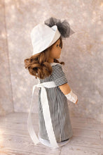 Load image into Gallery viewer, Custom Order 2 Weeks - Early 20th Century Tea Dress for 18 Dolls | Edwardian Inspired Black &amp; White Striped Cotton Gown | Lace Gloves Set

