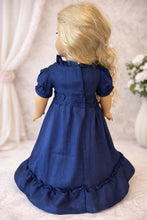 Load image into Gallery viewer, Regency Era Royal Blue Satin Gown for 18” Doll | Jane Austen Inspired Empire Waist Dress | Historical Doll Clothing Ready to Ship
