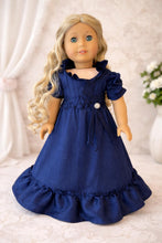 Load image into Gallery viewer, Regency Era Royal Blue Satin Gown for 18” Doll | Jane Austen Inspired Empire Waist Dress | Historical Doll Clothing Ready to Ship
